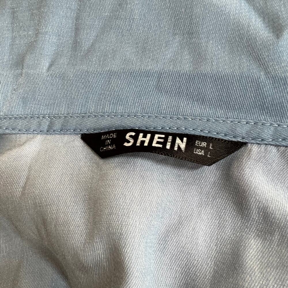 shein blue tie-front blouse features a draped, voluminous silhouette size L - Picture 4 of 13